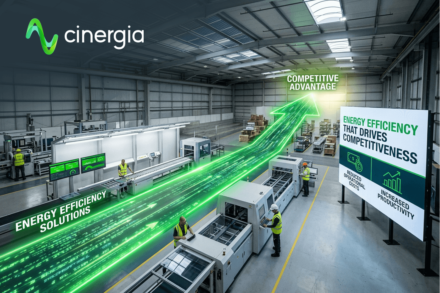 Industrial testing environment visual representing energy efficiency, reduced operational costs and increased productivity